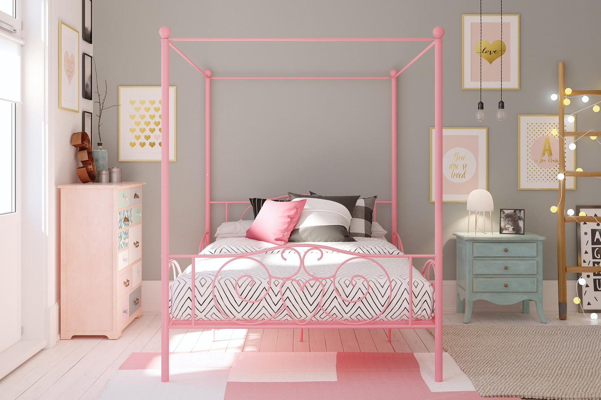 Canopy Metal Bed Frame with Intricate Design Headboard and Secured Slats - Pink - Full
