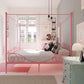 Canopy Metal Bed Frame with Intricate Design Headboard and Secured Slats - Pink - Full