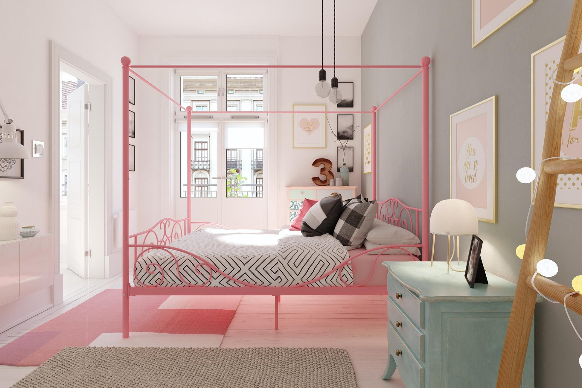 Canopy Metal Bed Frame with Intricate Design Headboard and Secured Slats - Pink - Full