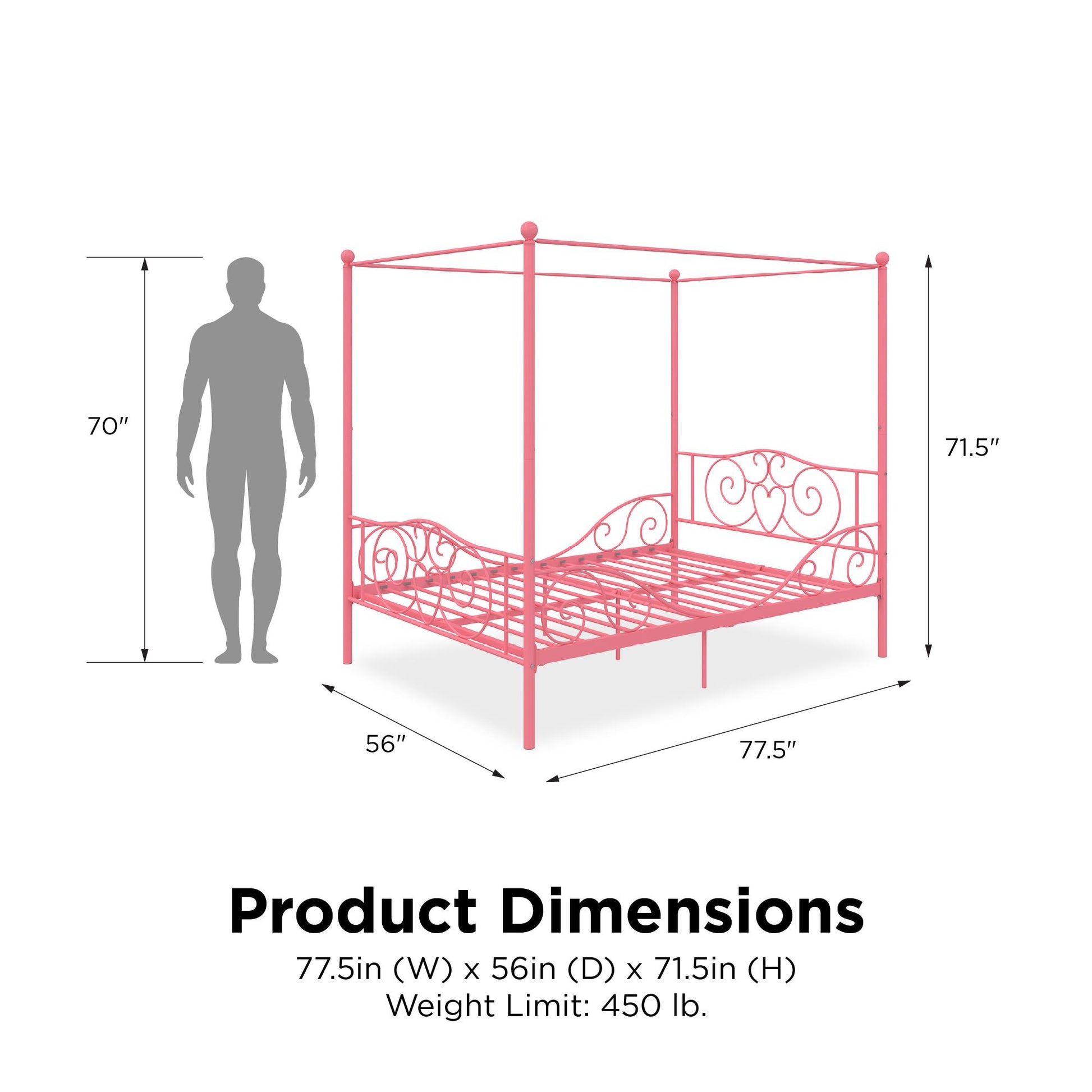 Canopy Metal Bed Frame with Intricate Design Headboard and Secured Slats - Pink - Full