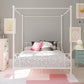Canopy Metal Bed Frame with Intricate Design Headboard and Secured Slats - White - Full