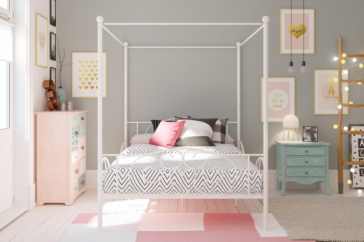 Canopy Metal Bed Frame with Intricate Design Headboard and Secured Slats - White - Full
