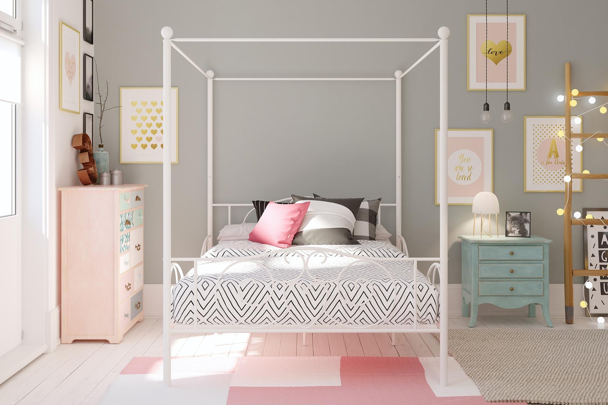 Canopy Metal Bed Frame with Intricate Design Headboard and Secured Slats - White - Full