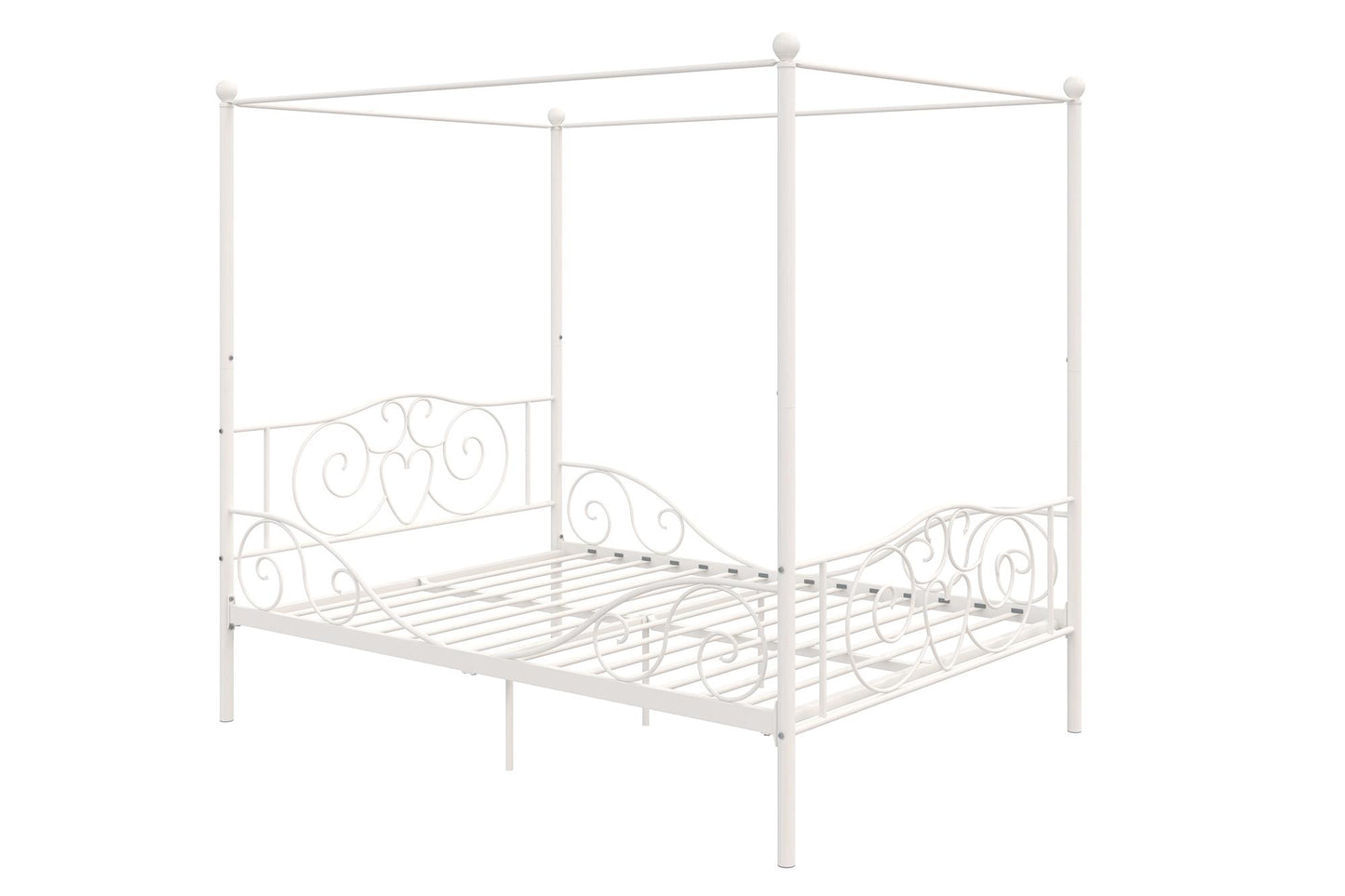 Canopy Metal Bed Frame with Intricate Design Headboard and Secured Slats - White - Full