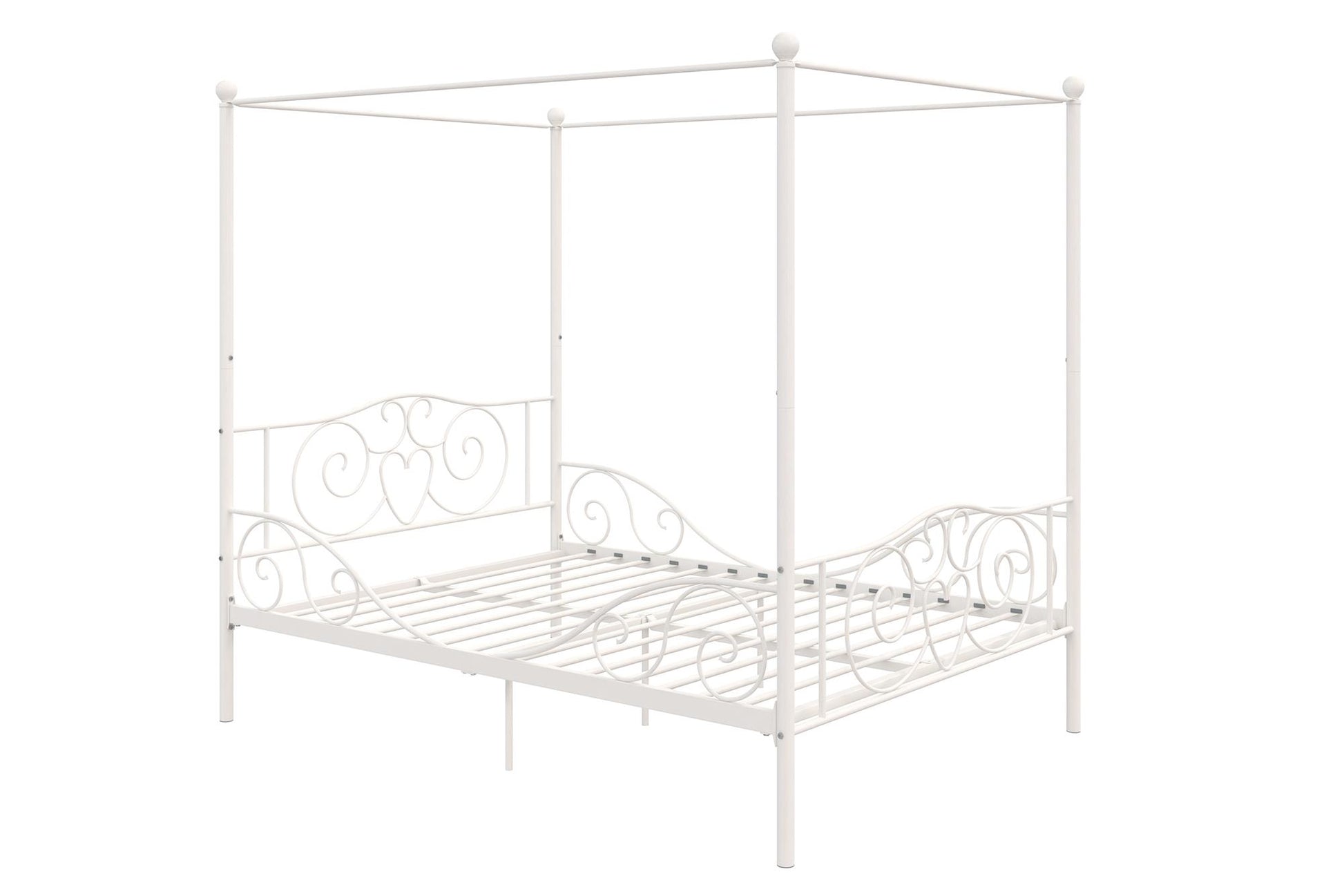Canopy Metal Bed Frame with Intricate Design Headboard and Secured Slats - White - Full