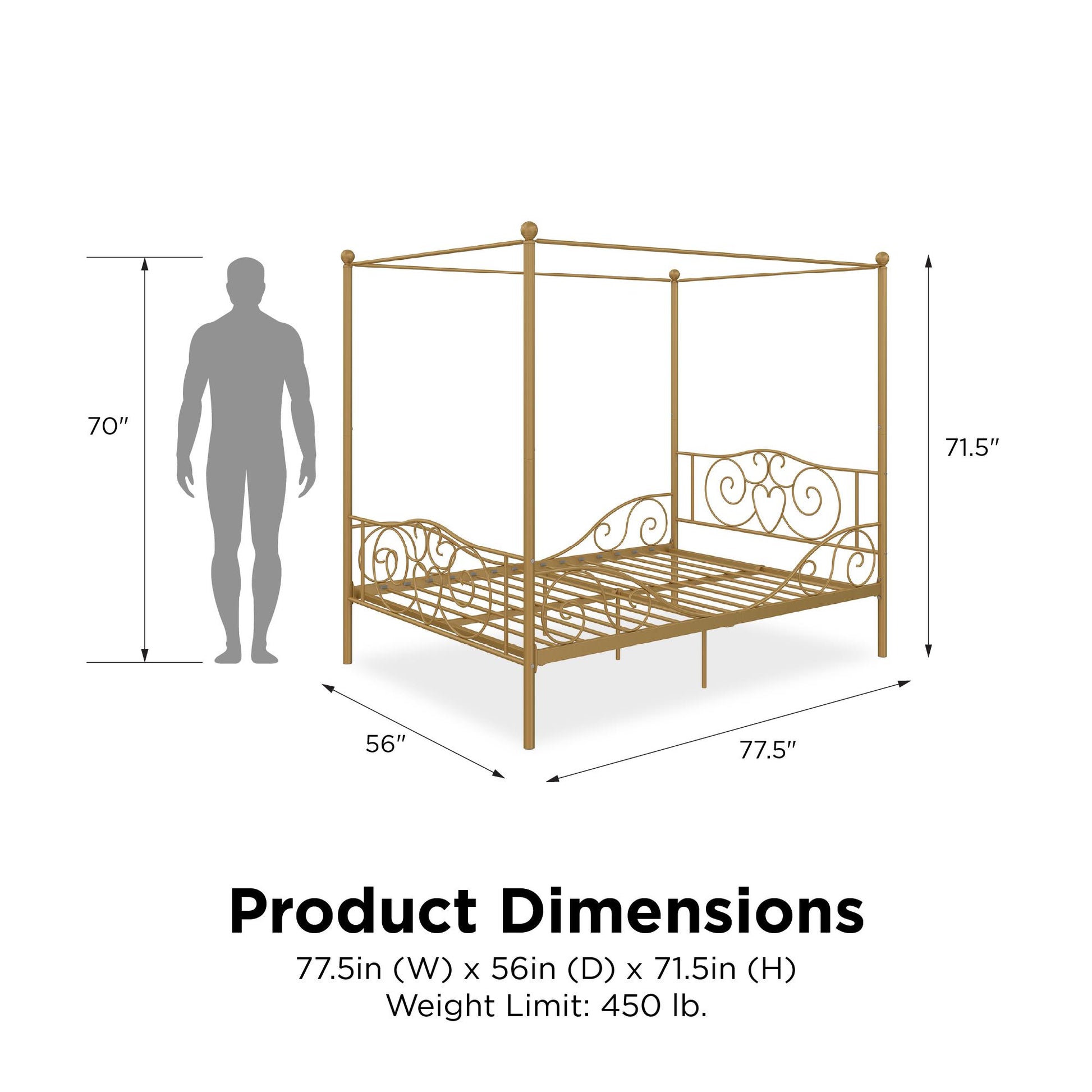 Canopy Metal Bed Frame with Intricate Design Headboard and Secured Slats - Gold - Full