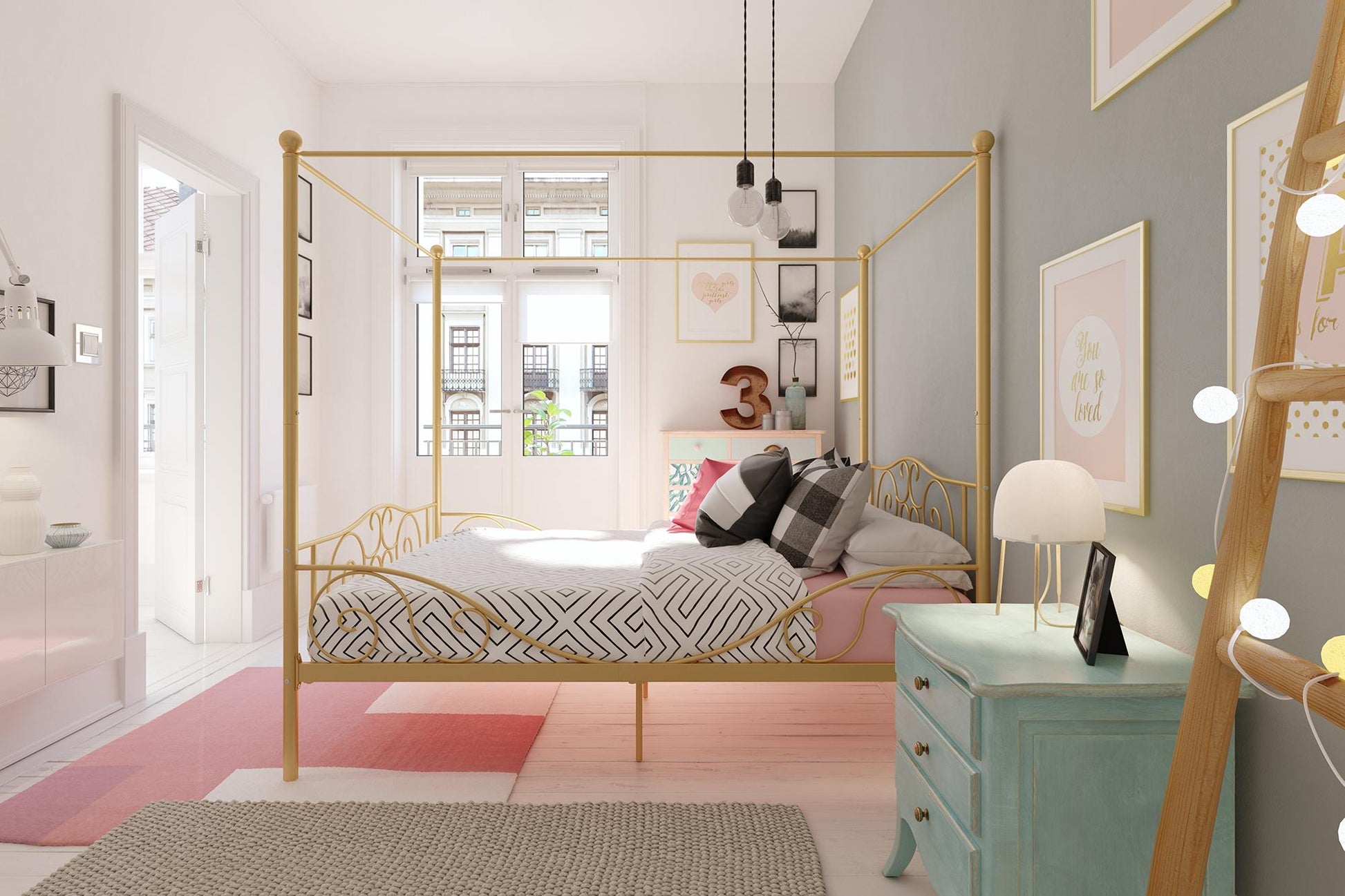 Canopy Metal Bed Frame with Intricate Design Headboard and Secured Slats - Gold - Full