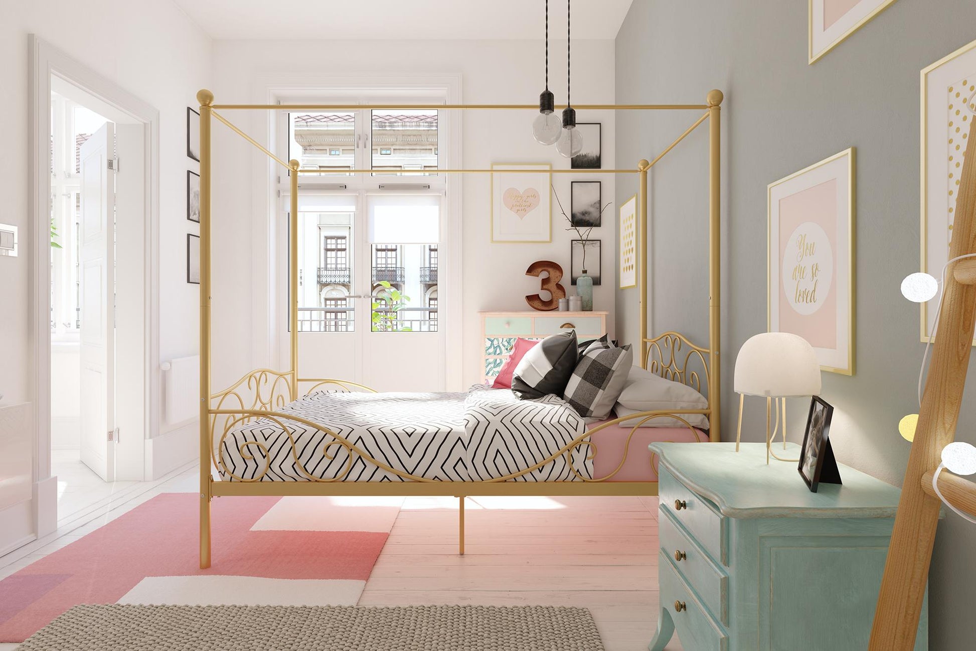 Canopy Metal Bed Frame with Intricate Design Headboard and Secured Slats - Gold - Twin