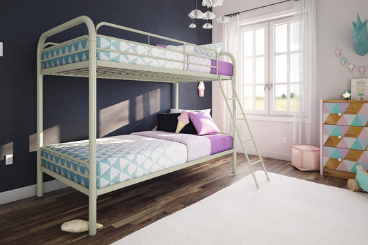 Dusty Twin over Twin Metal Bunk Bed with Slanted Front Ladder and Guardrails - White - Twin-Over-Twin