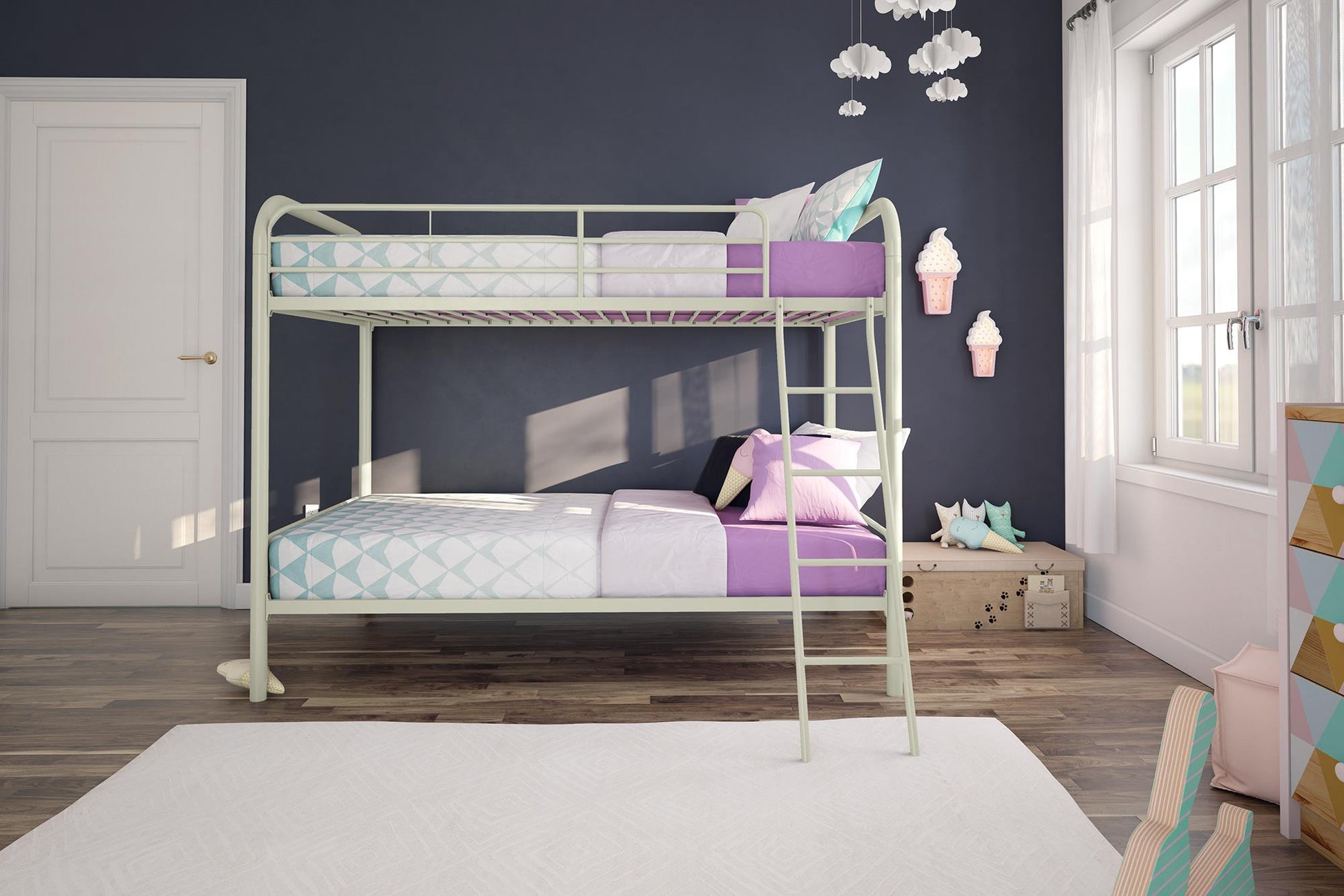 Dusty Twin over Twin Metal Bunk Bed with Slanted Front Ladder and Guardrails - White - Twin-Over-Twin