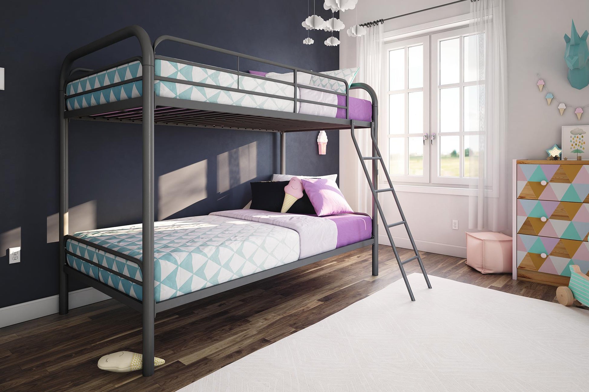 Dusty Twin over Twin Metal Bunk Bed with Slanted Front Ladder and Guardrails - White - Twin-Over-Twin