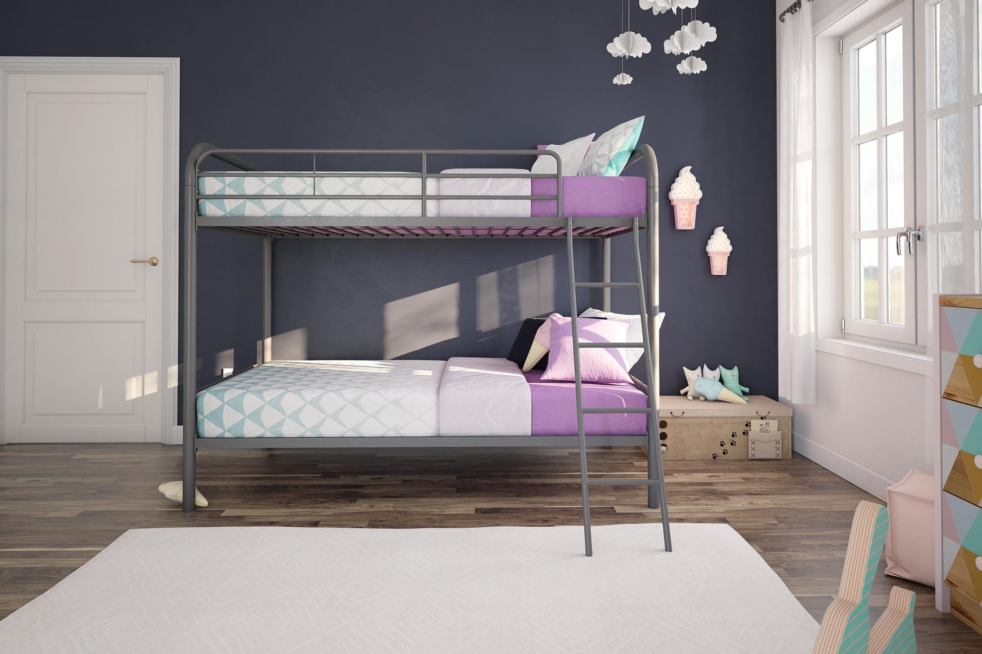 Twin over Twin Metal Bunk Bed with Slanted Front Ladder and Guardrails - Silver - Twin-Over-Twin