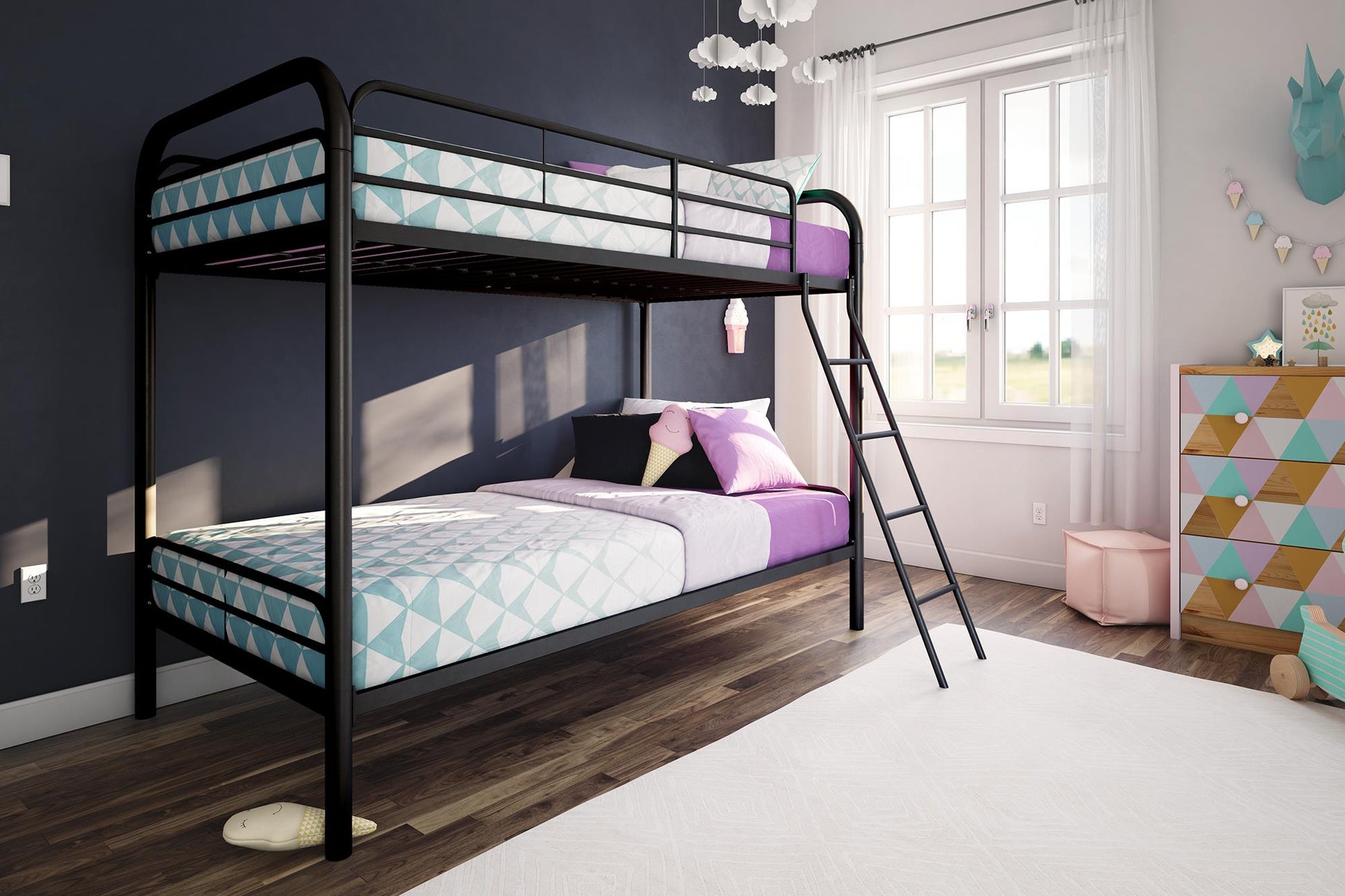 Twin over Twin Metal Bunk Bed with Slanted Front Ladder and Guardrails - Silver - Twin-Over-Twin