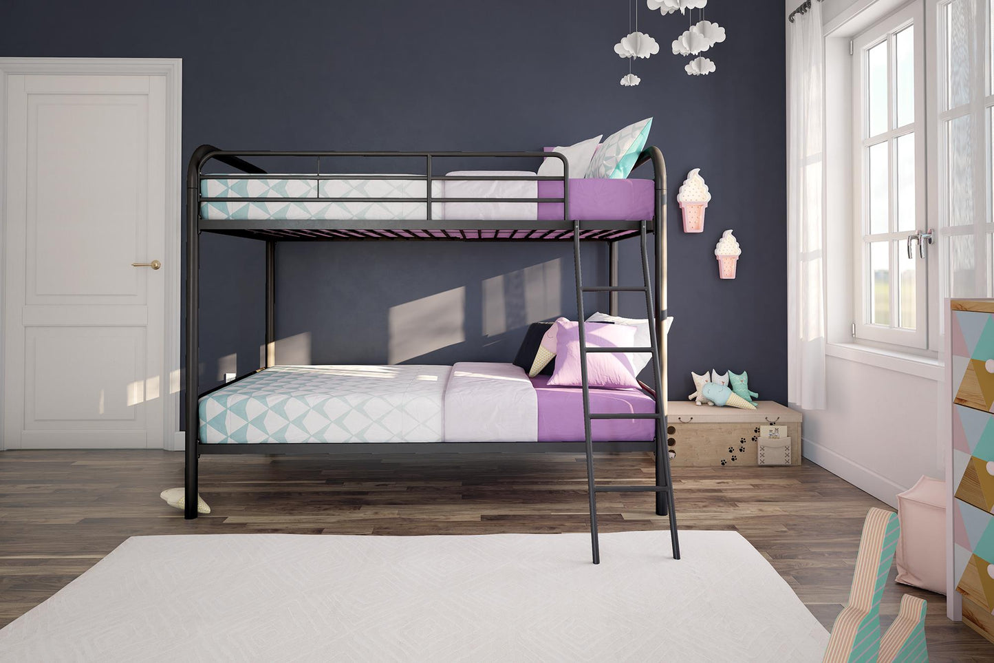 Twin over Twin Metal Bunk Bed with Slanted Front Ladder and Guardrails - Black - Twin-Over-Twin