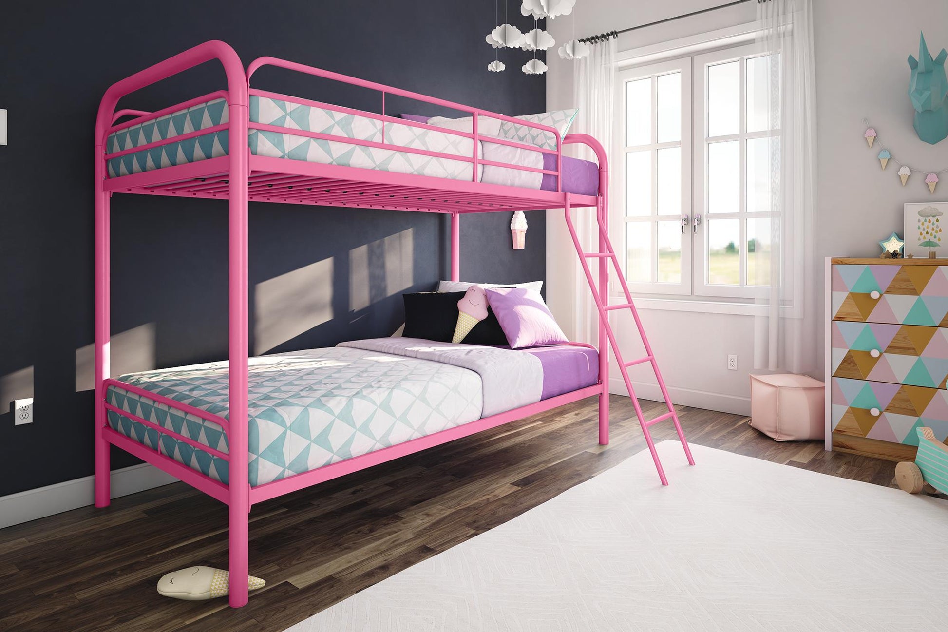 Dusty Twin over Twin Metal Bunk Bed with Slanted Front Ladder and Guardrails - White - Twin-Over-Twin