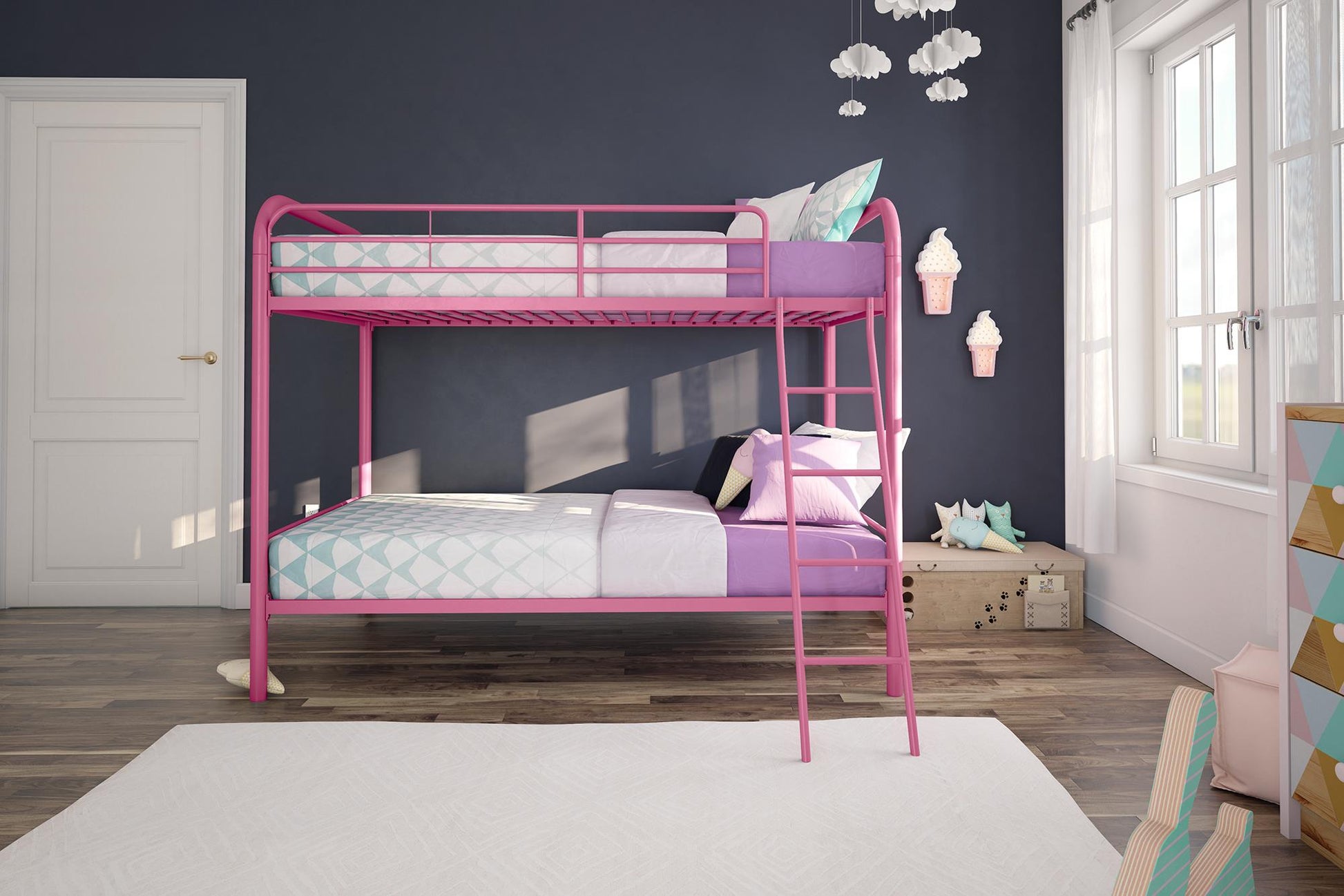 Twin over Twin Metal Bunk Bed with Slanted Front Ladder and Guardrails - Pink - Twin-Over-Twin