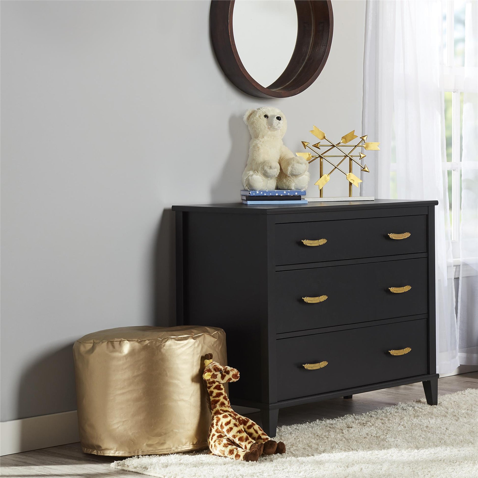 Monarch Hill Hawken 3 Drawer Dresser with Gold Feather Drawer Pull - Black