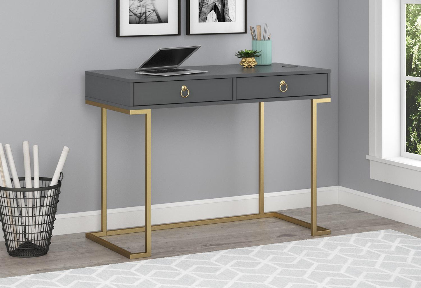 Olten Computer Desk with 2 Drawers and Wireless Charging Spot - Graphite Grey