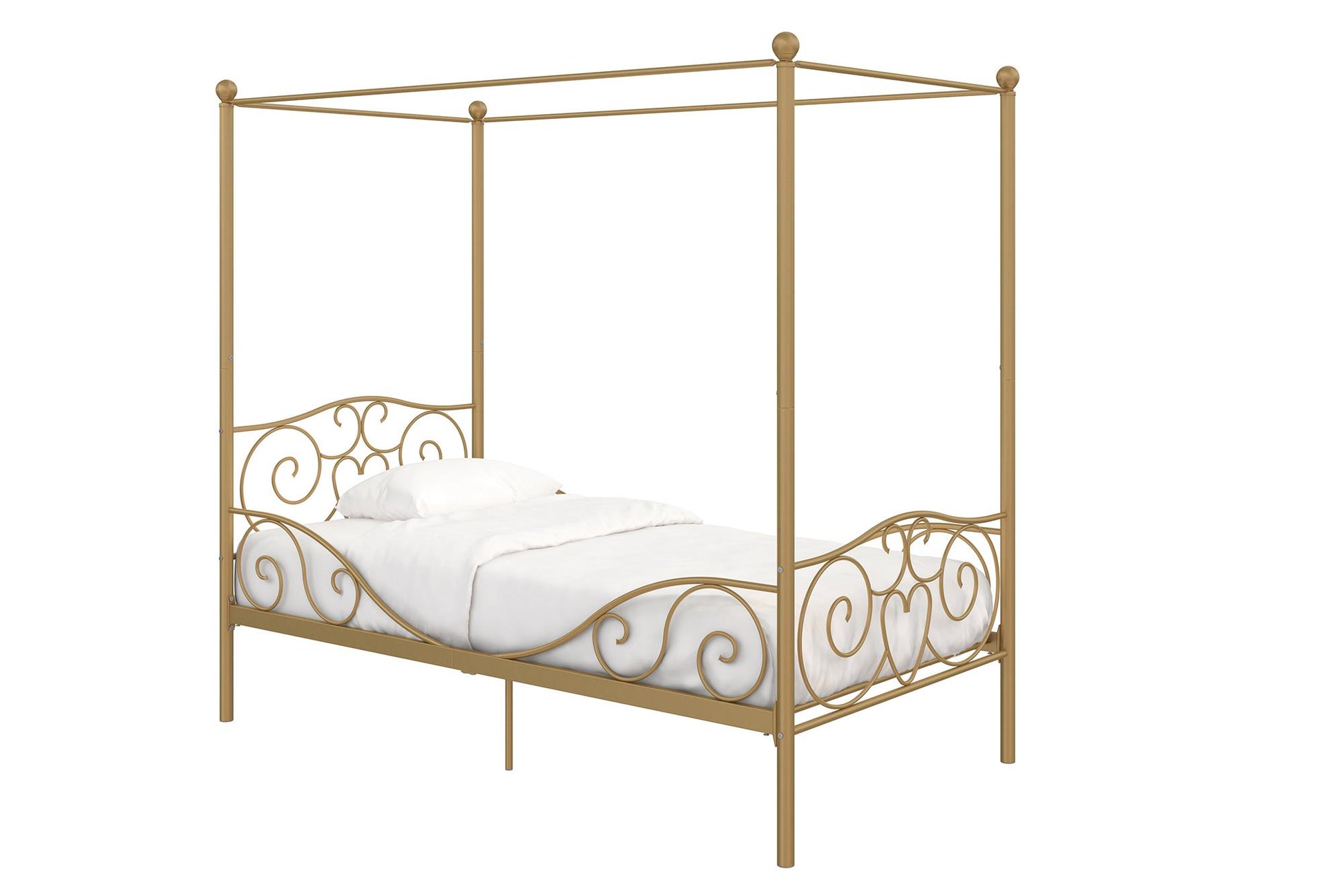 Canopy Metal Bed Frame with Intricate Design Headboard and Secured Slats - Gold - Twin
