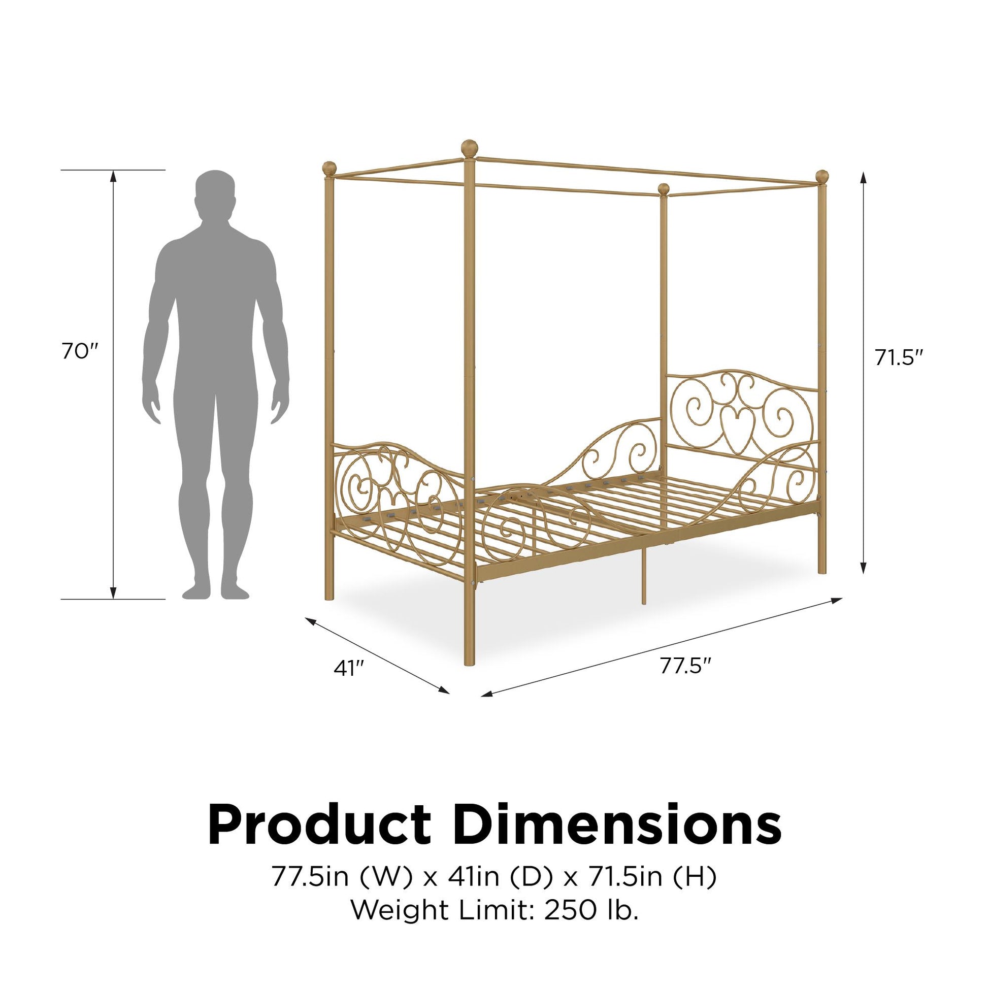 Canopy Metal Bed Frame with Intricate Design Headboard and Secured Slats - Gold - Twin