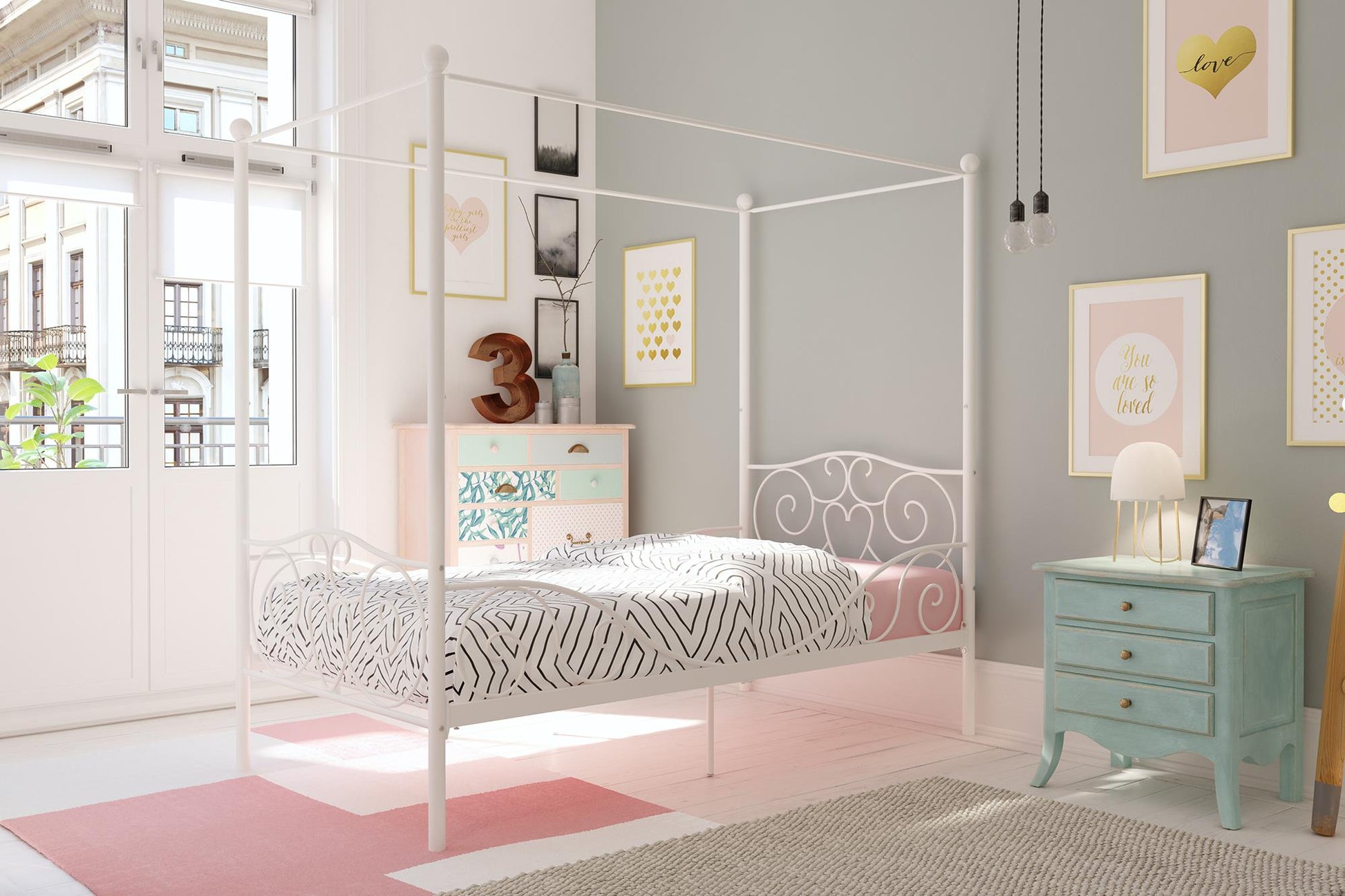 Canopy Metal Bed Frame with Intricate Design Headboard and Secured Slats - White - Full