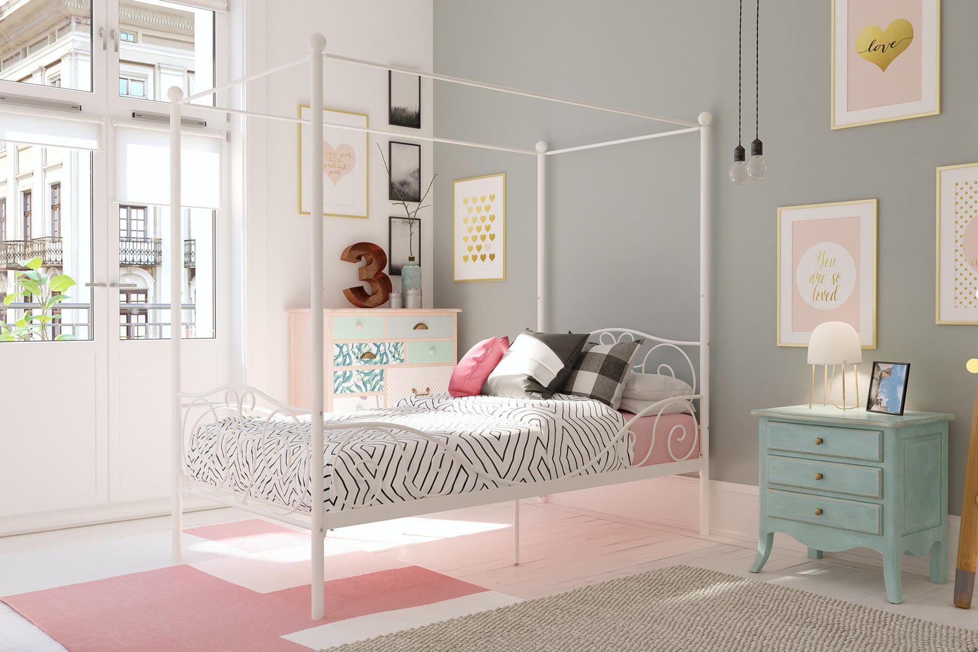 Canopy Metal Bed Frame with Intricate Design Headboard and Secured Slats - White - Twin