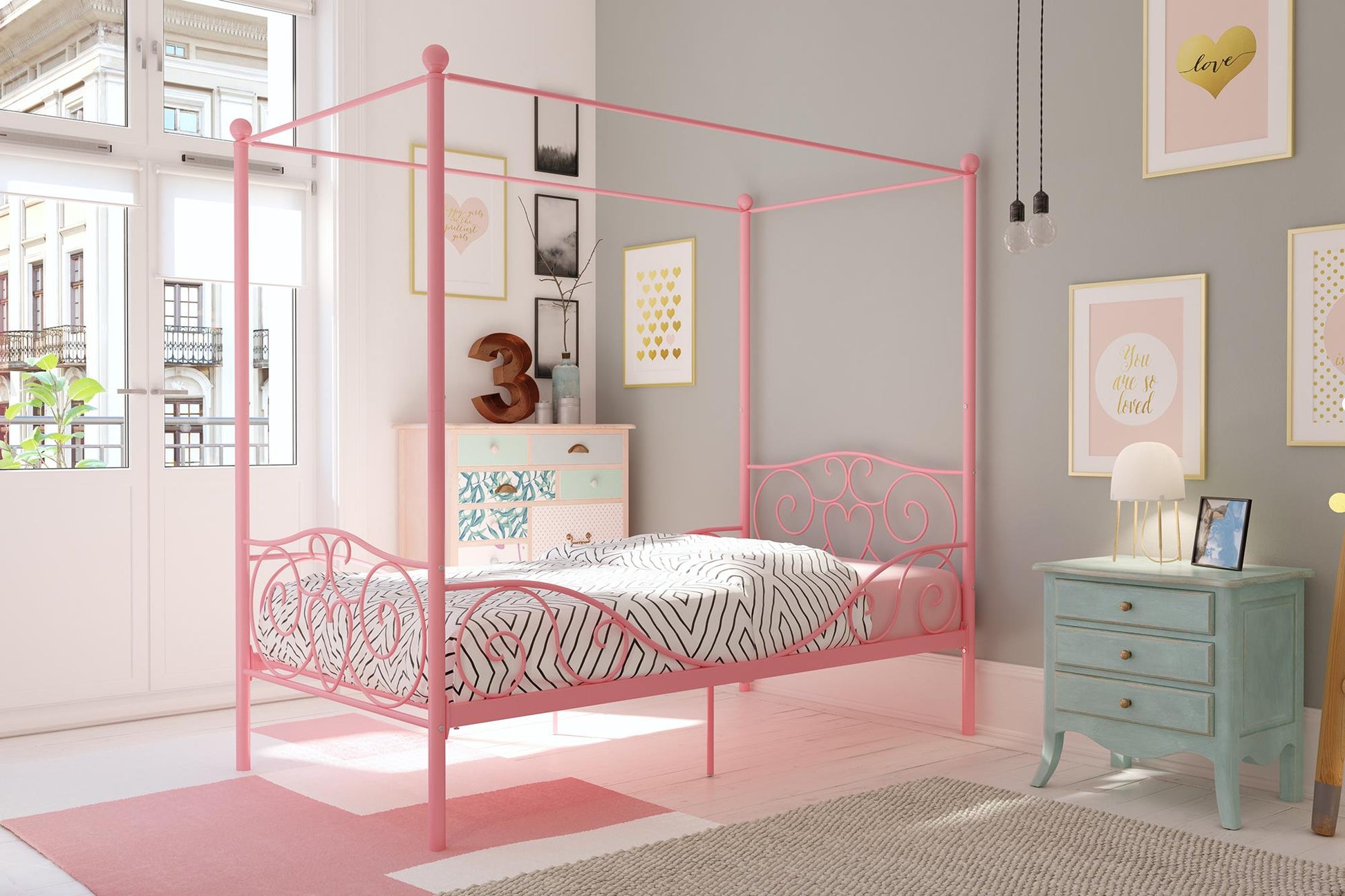 Canopy Metal Bed Frame with Intricate Design Headboard and Secured Slats - White - Twin