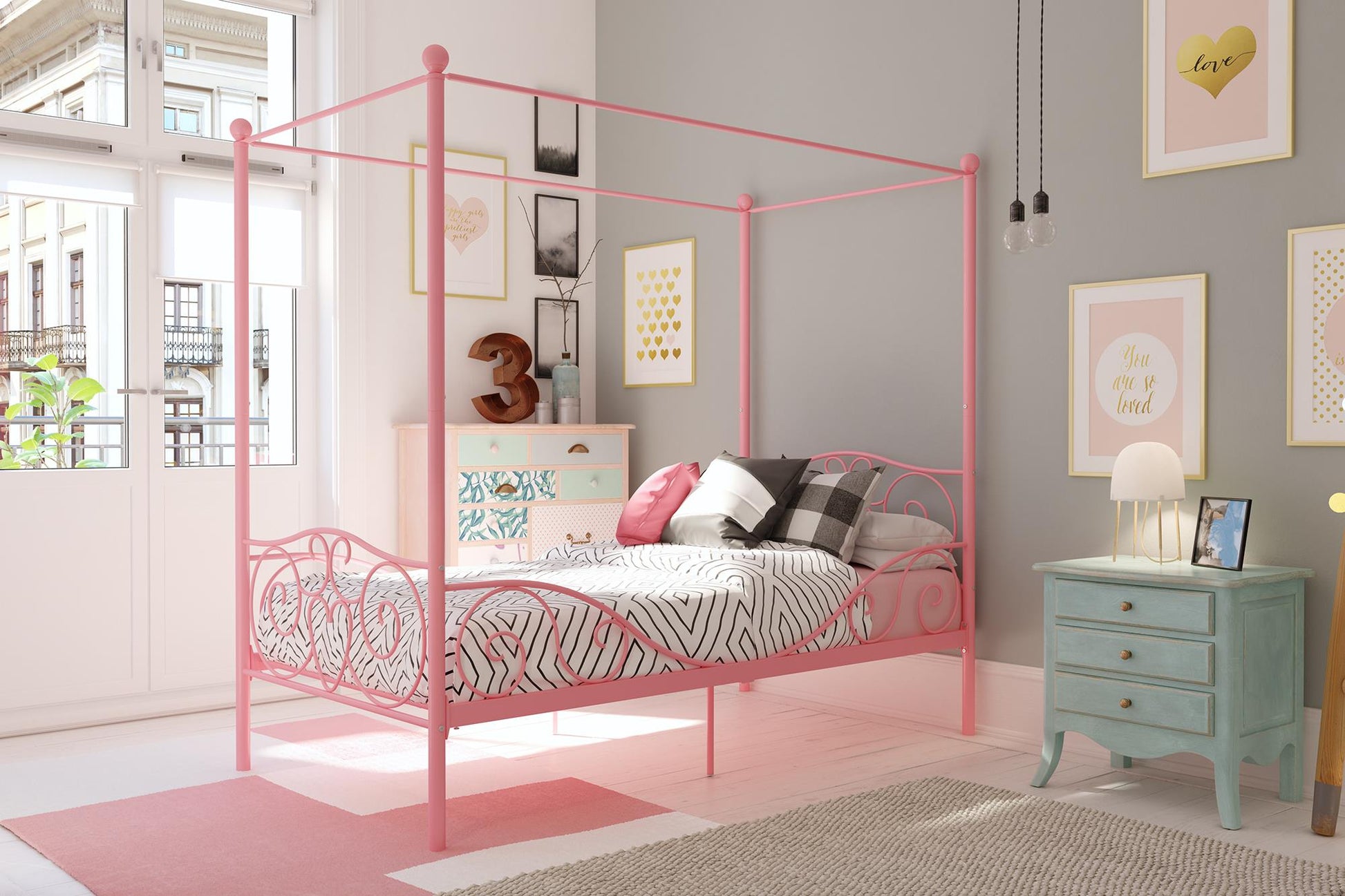 Canopy Metal Bed Frame with Intricate Design Headboard and Secured Slats - Pink - Twin
