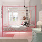 Canopy Metal Bed Frame with Intricate Design Headboard and Secured Slats - Pink - Twin