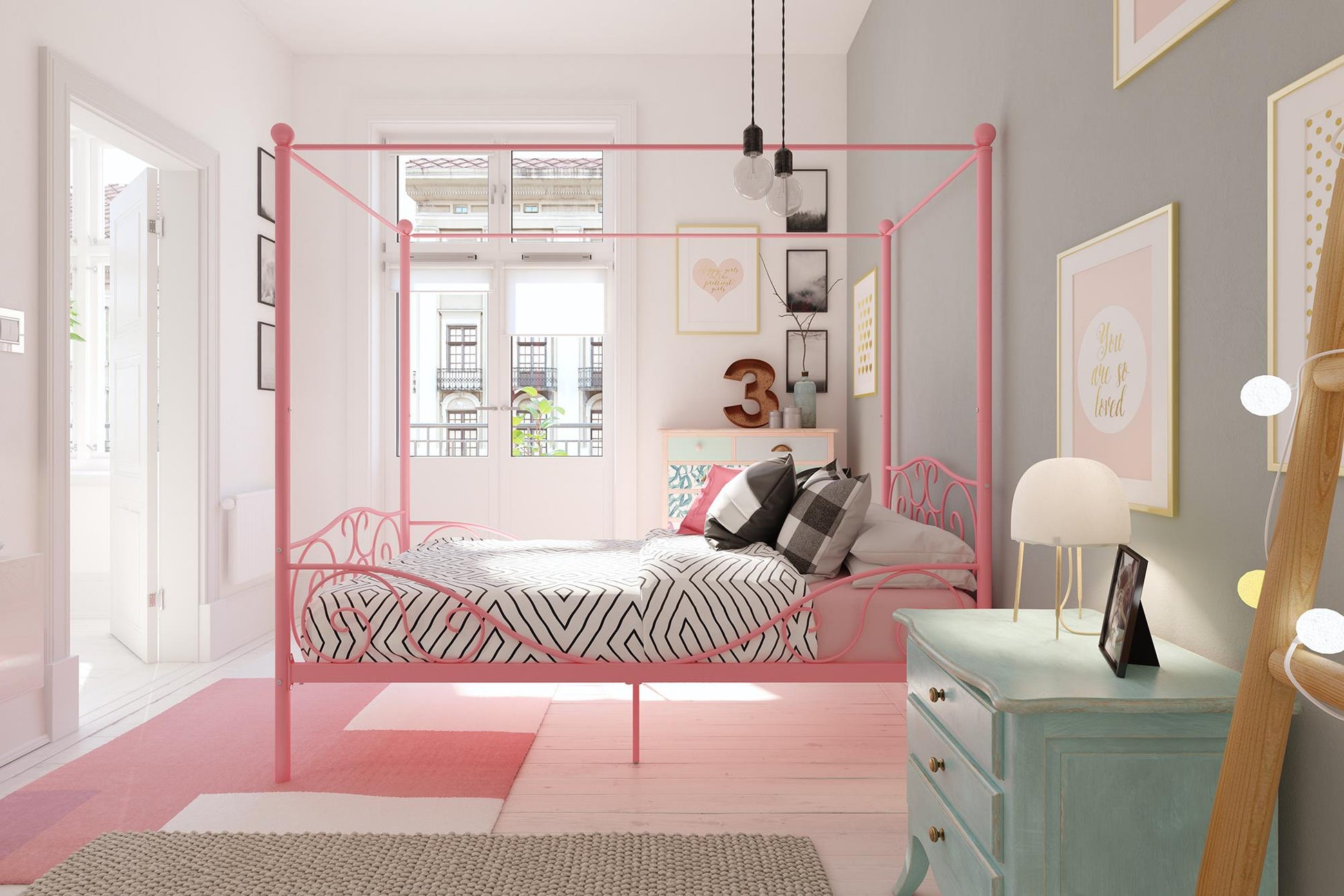 Canopy Metal Bed Frame with Intricate Design Headboard and Secured Slats - Pink - Twin