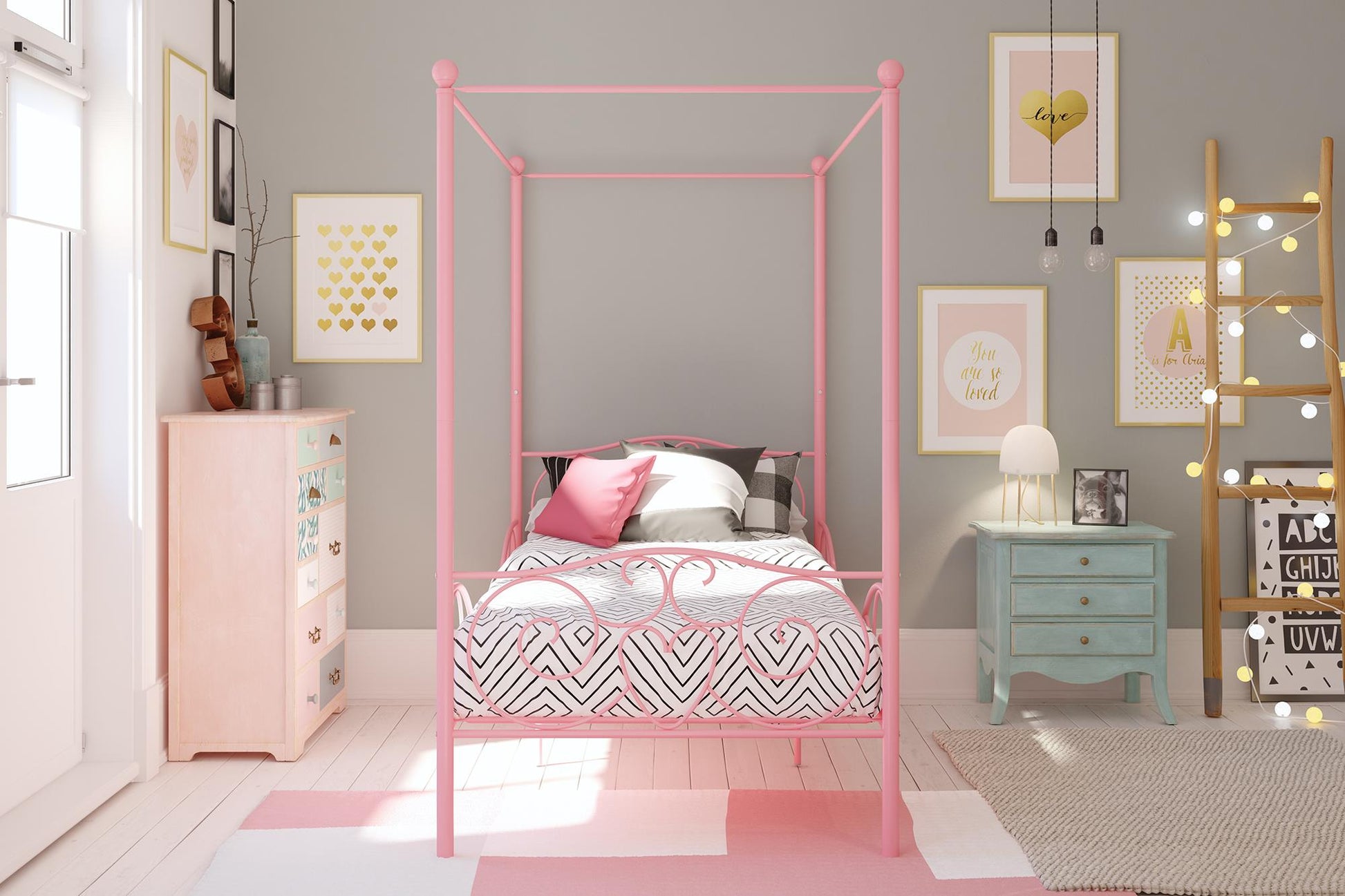 Canopy Metal Bed Frame with Intricate Design Headboard and Secured Slats - Pink - Twin