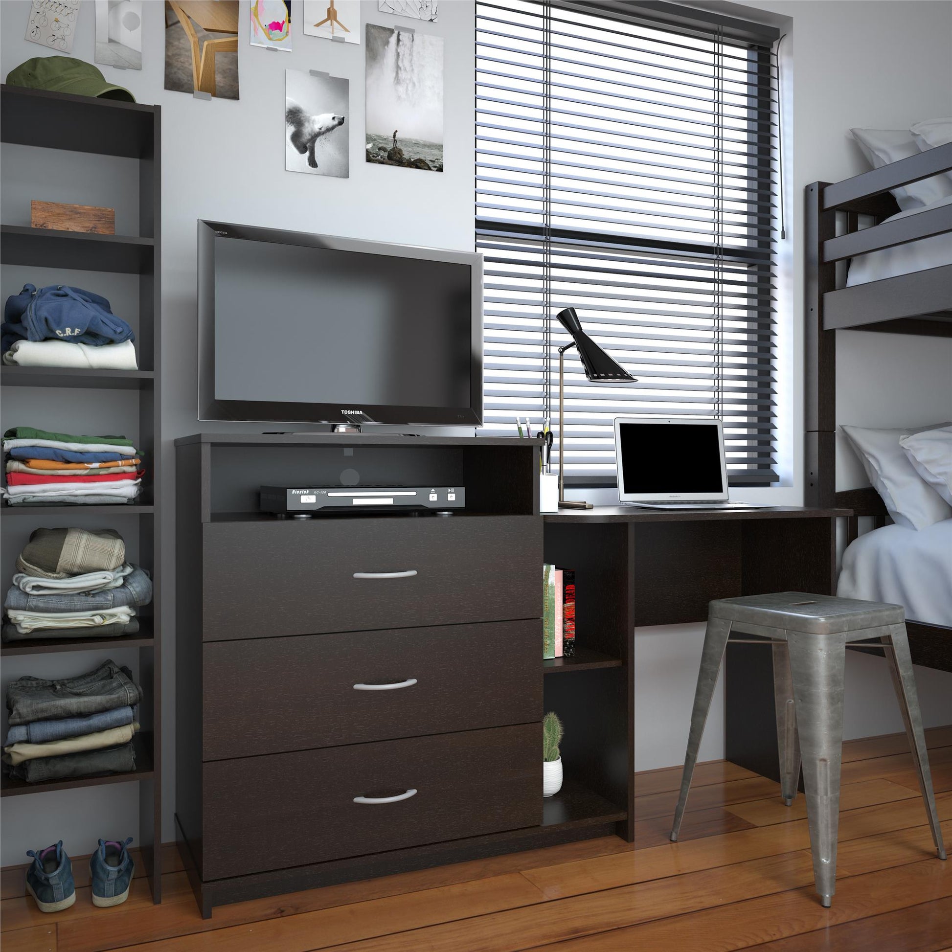 Rebel 3 in 1 Media Dresser with Side Storage and Desk - Espresso