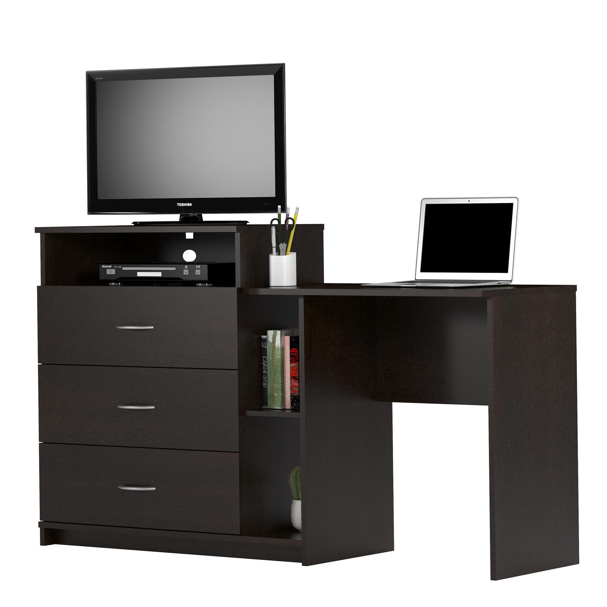 Rebel 3 in 1 Media Dresser with Side Storage and Desk - Espresso