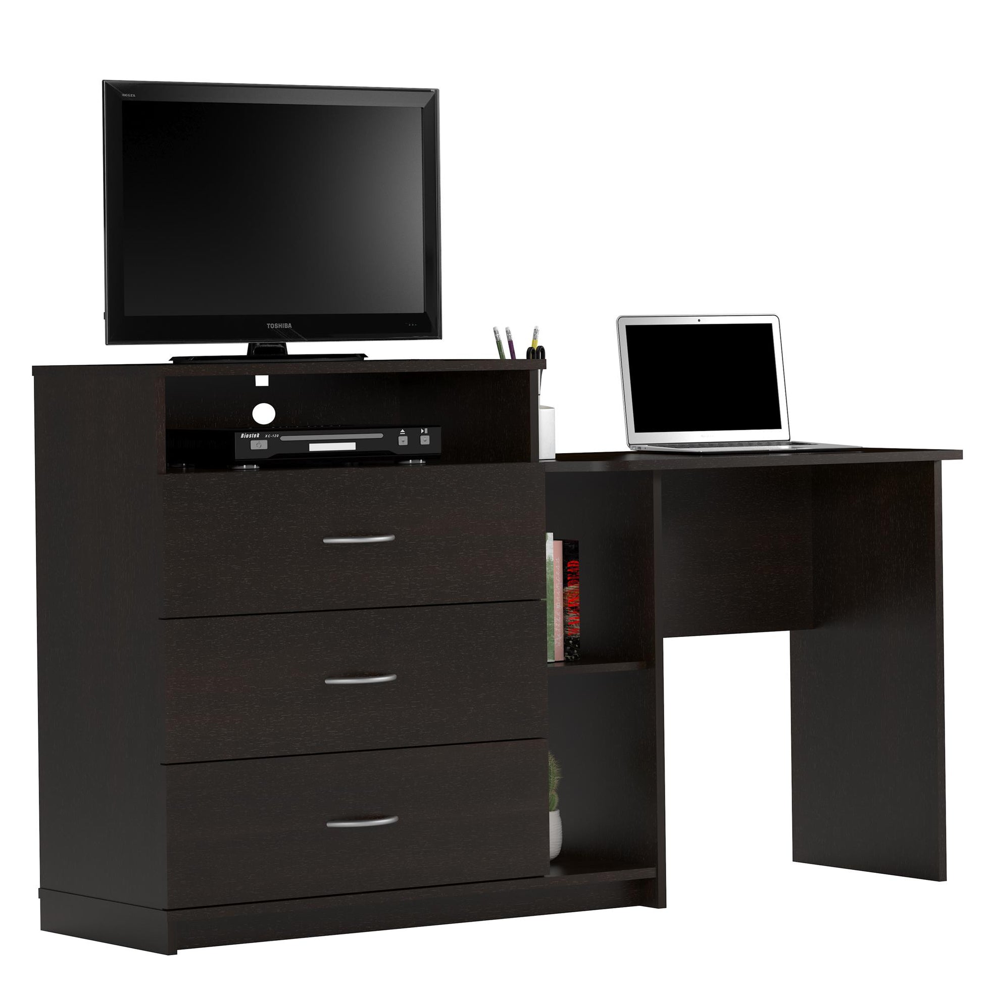 Rebel 3 in 1 Media Dresser with Side Storage and Desk - Espresso