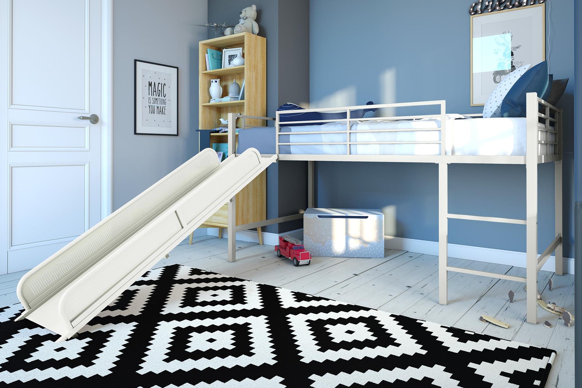 Laurie Junior Loft Bed with Metal Frame and Built-In Slide - White - Twin