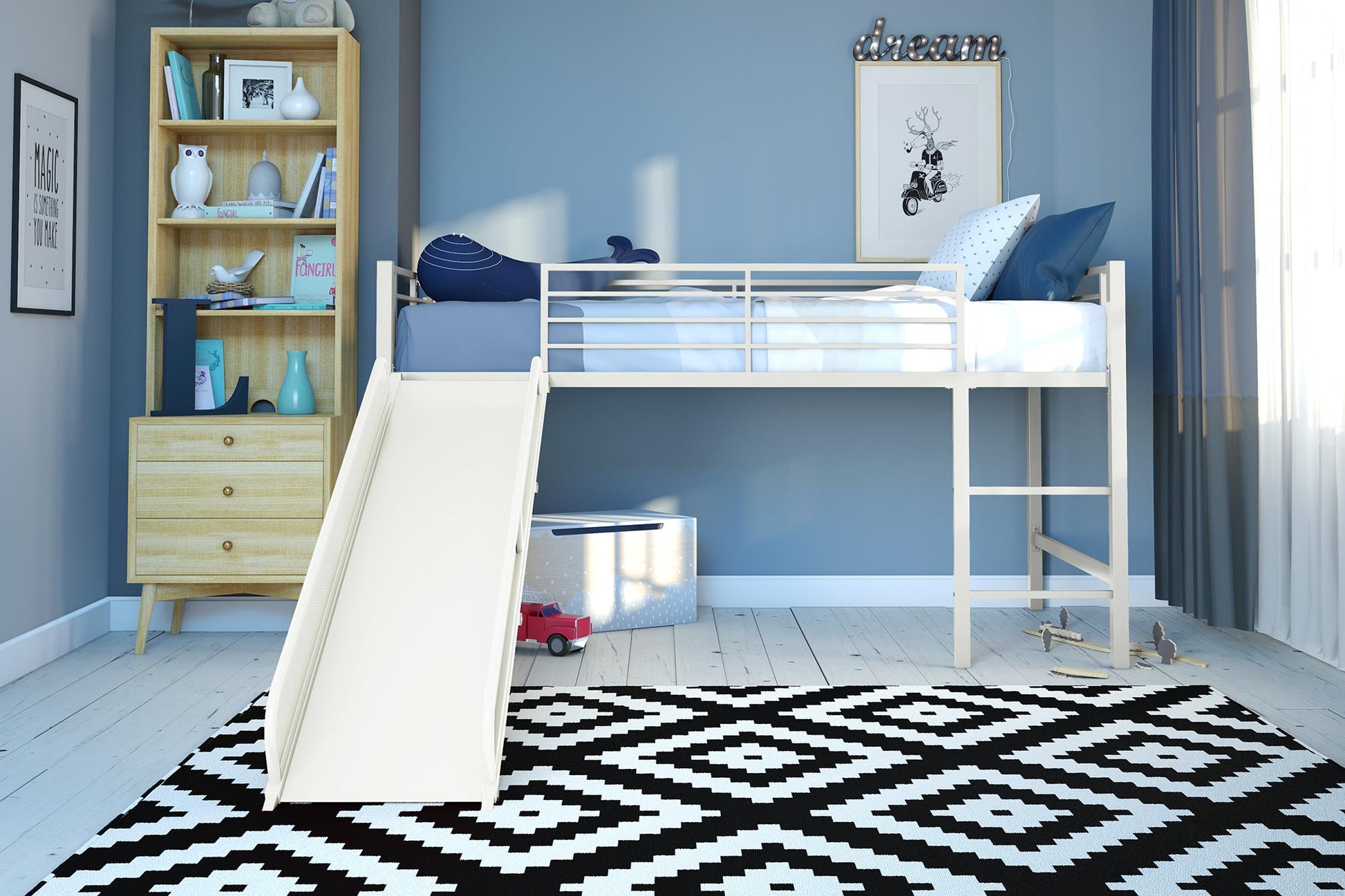 Laurie Junior Loft Bed with Metal Frame and Built-In Slide - White - Twin