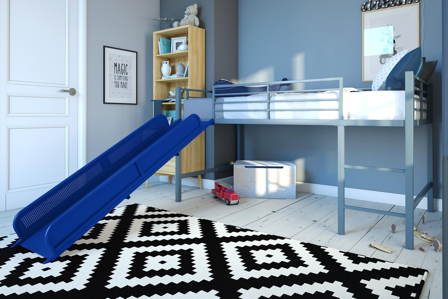Laurie Junior Loft Bed with Metal Frame and Built-In Slide - Silver / Blue - Twin