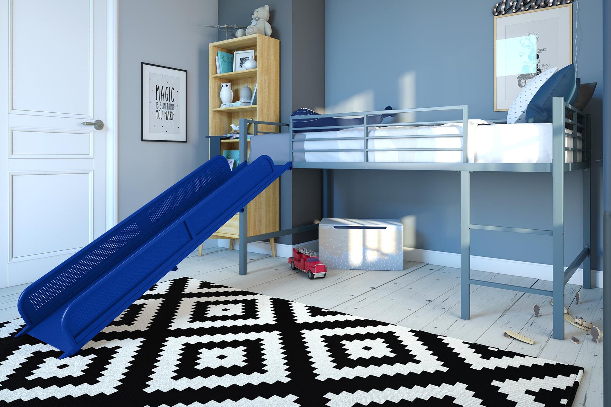 Laurie Junior Loft Bed with Metal Frame and Built-In Slide - Silver / Blue - Twin