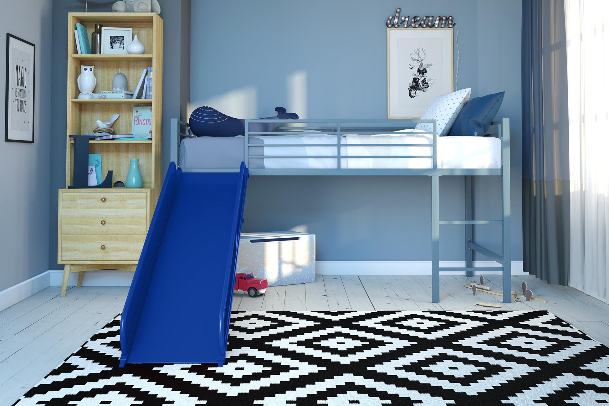 Laurie Junior Loft Bed with Metal Frame and Built-In Slide - Silver / Blue - Twin