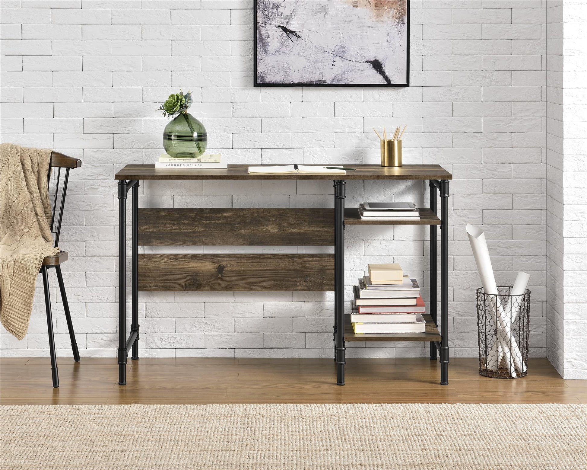 Carter Rustic Industrial Single Pedestal Desk with Shelves - Rustic