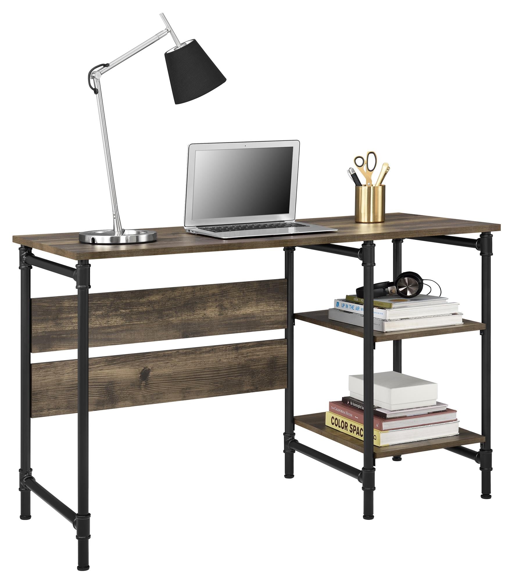 Carter Rustic Industrial Single Pedestal Desk with Shelves - Rustic