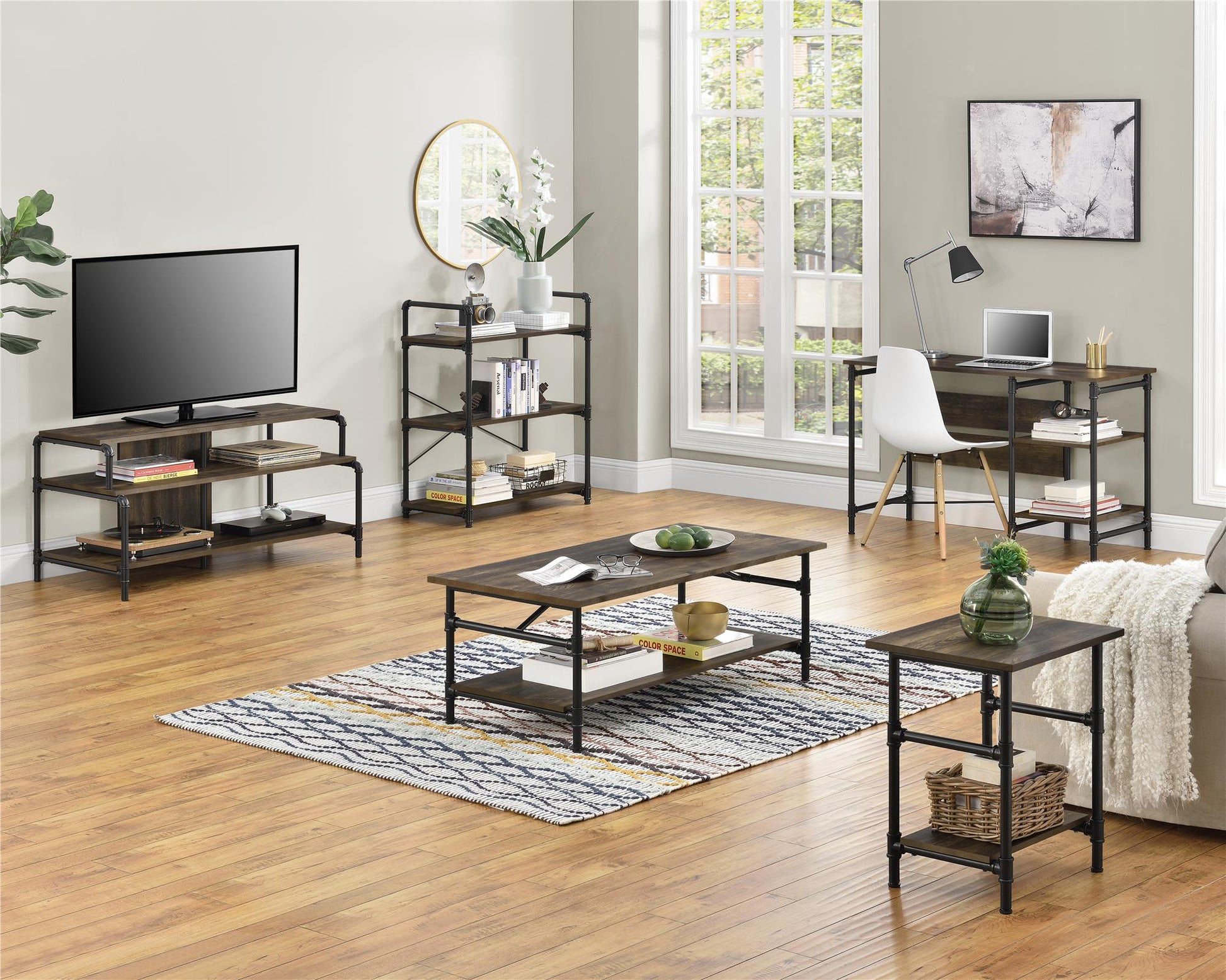 Carter Rustic Industrial Single Pedestal Desk with Shelves - Rustic