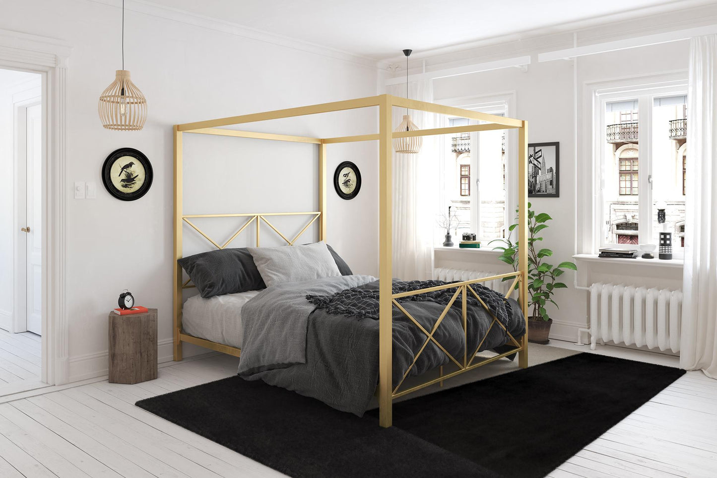 Rosedale Metal Four-Poster Canopy Bed with Crisscross Headboard and Footboard - Gold - Queen