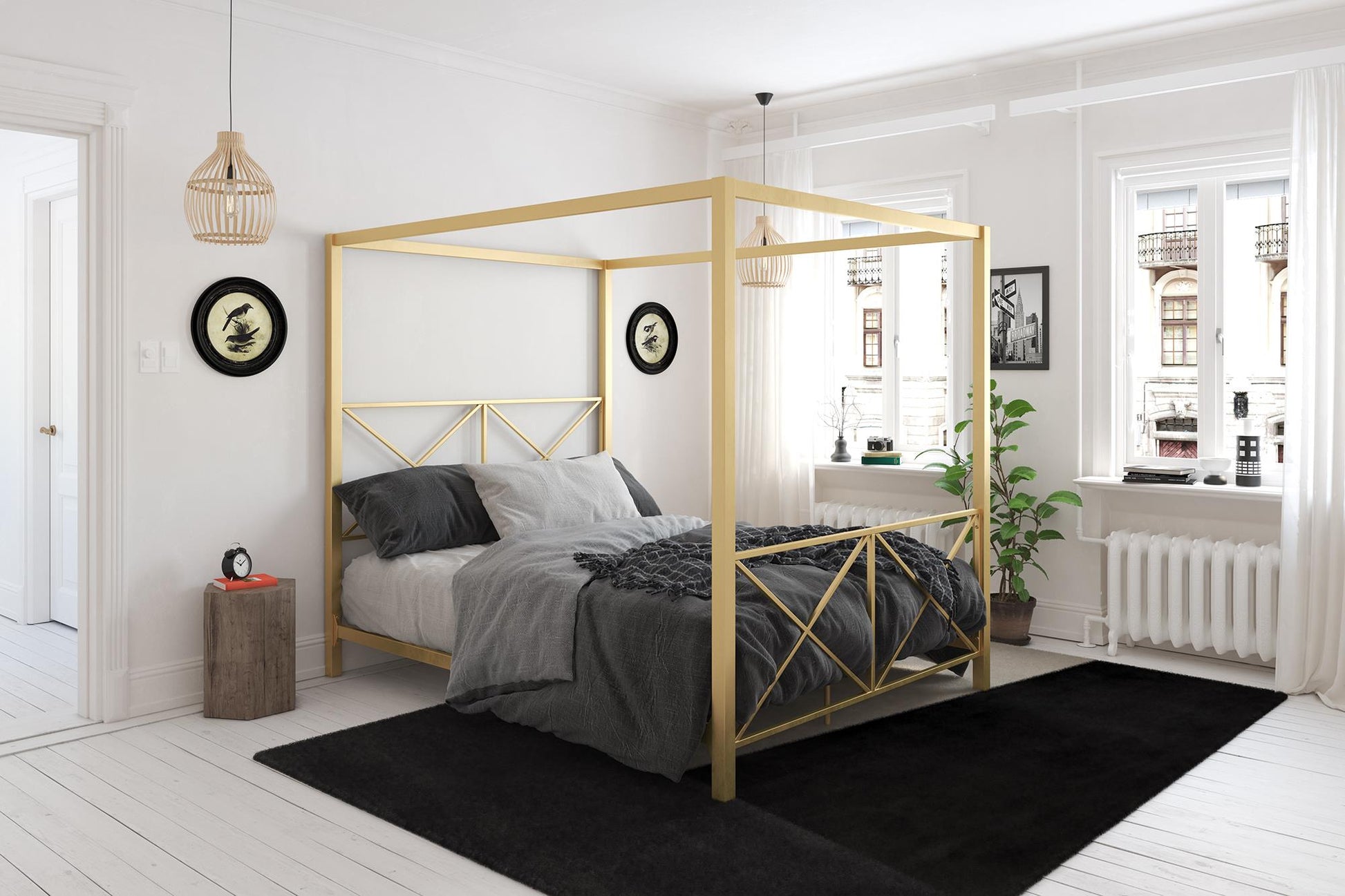 Rosedale Metal Four-Poster Canopy Bed with Crisscross Headboard and Footboard - Gold - Queen