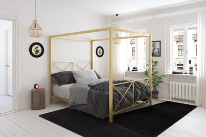Rosedale Metal Four-Poster Canopy Bed with Crisscross Headboard and Footboard - Gold - Full
