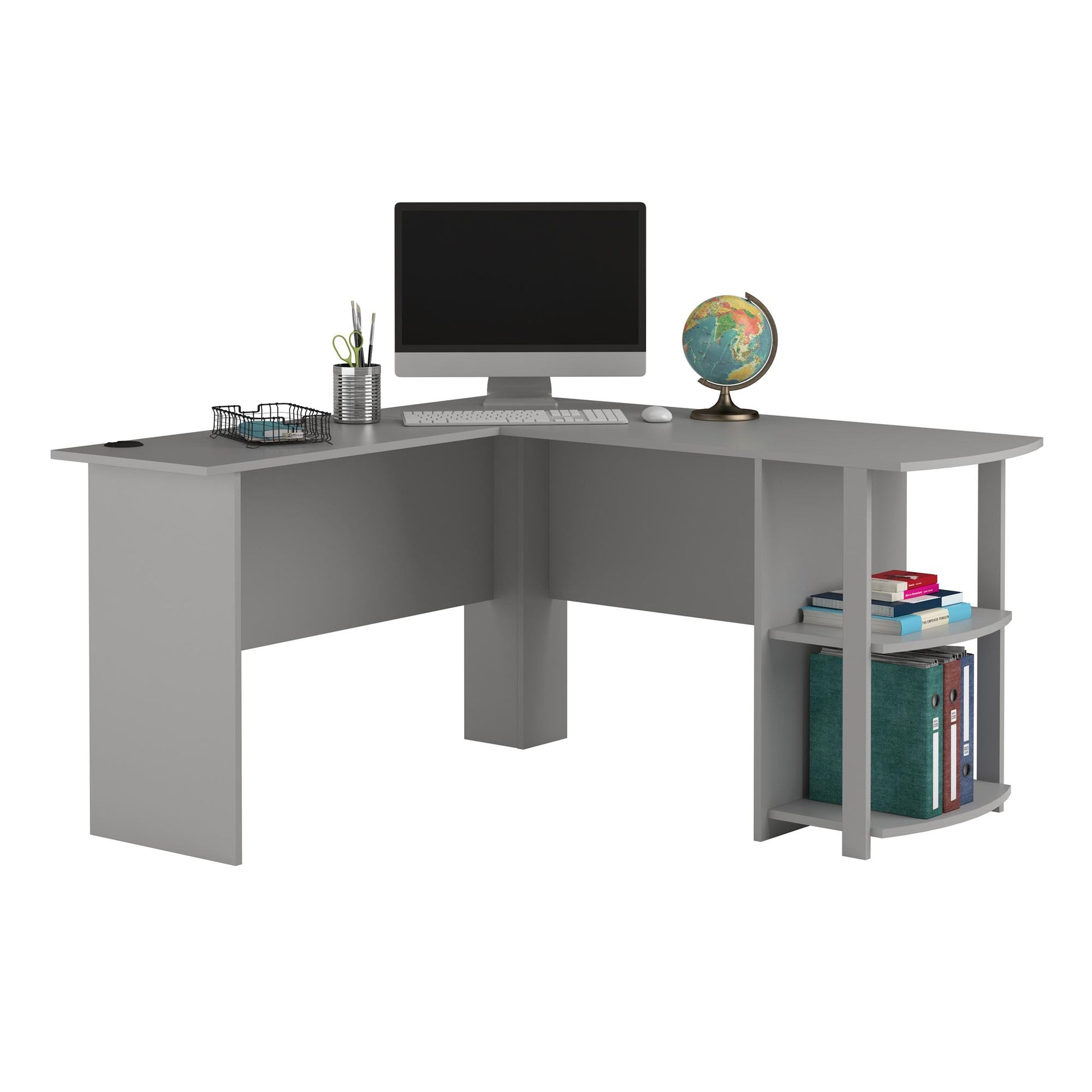 Dakota Computer L Desk with Side Bookshelf and Large Worksurface - Dove Gray