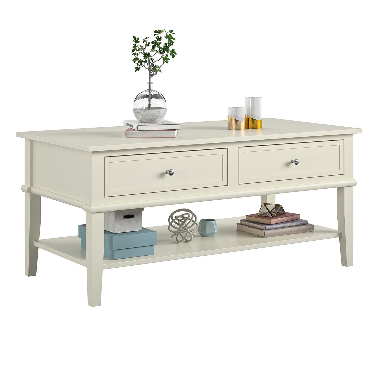Franklin Coffee Table with 2 Drawers and Shelf - White