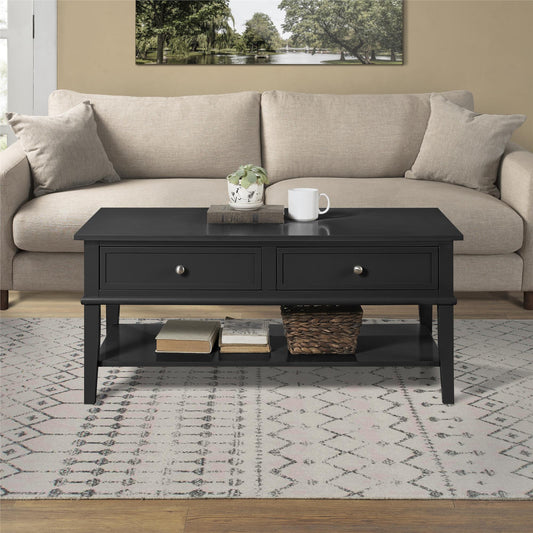 Franklin Coffee Table with 2 Drawers and Shelf - Black