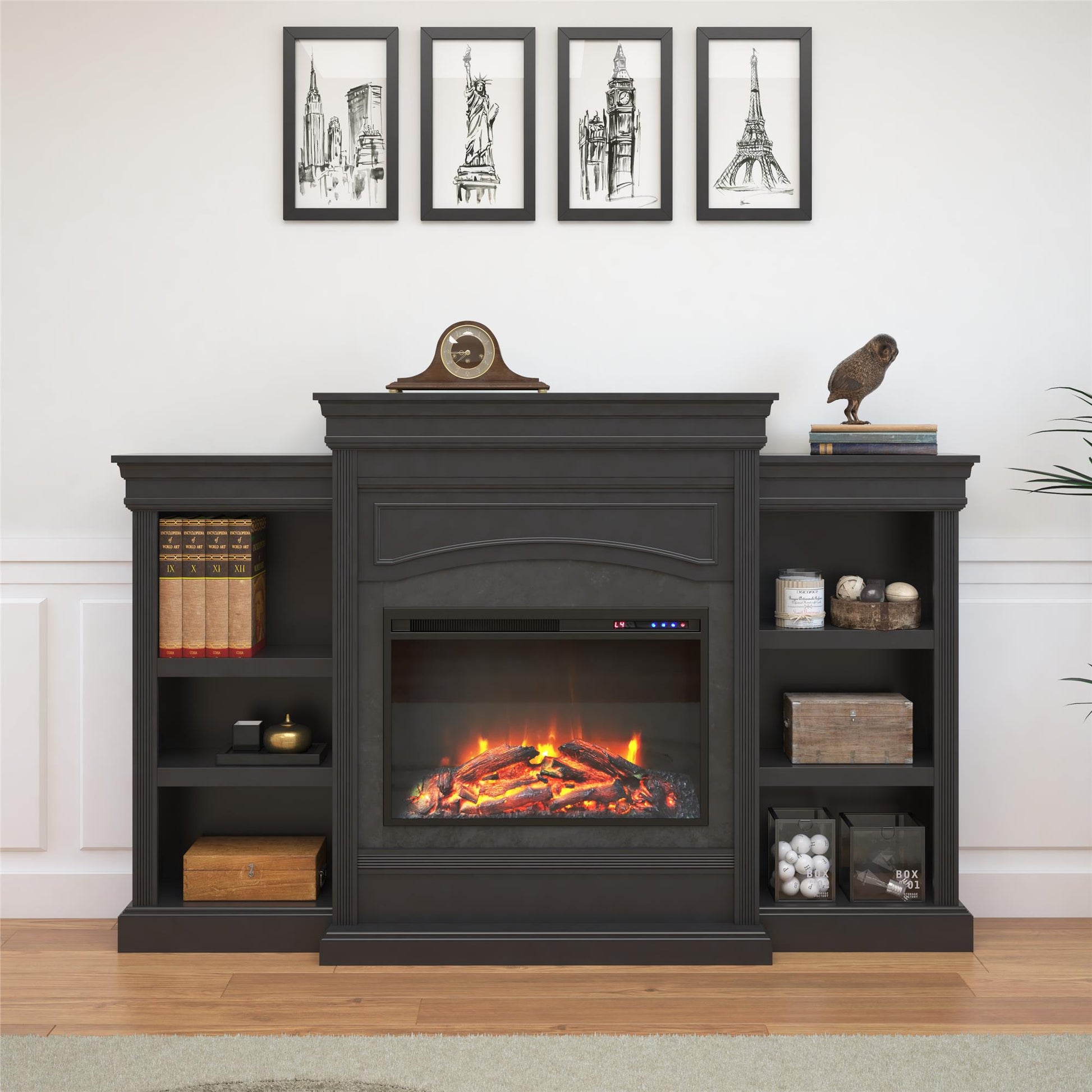 Lamont Mantel Fireplace with Side Shelves and 26 Inch Fireplace Insert - Black