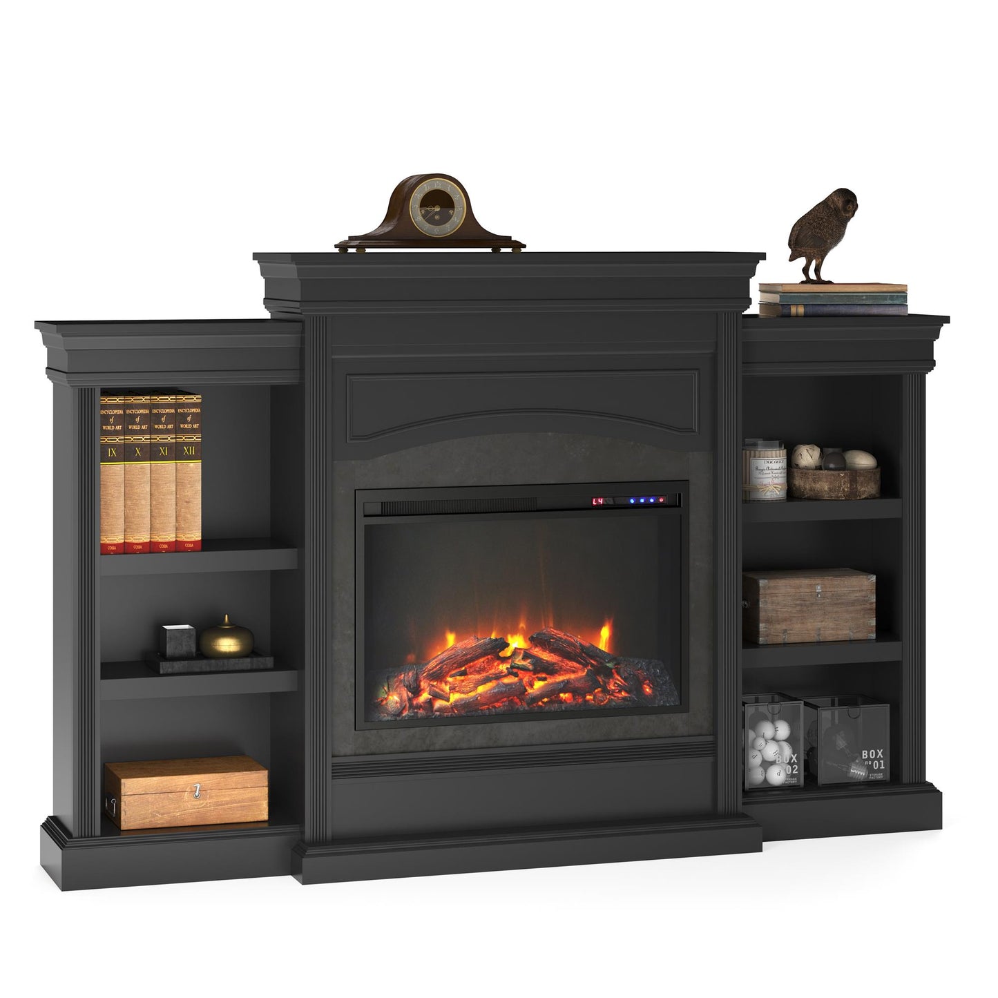Lamont Mantel Fireplace with Side Shelves and 26 Inch Fireplace Insert - Black